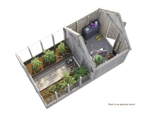 Ansicht von oben: Gewächshaus mit Pflanzen und Geräteschuppen für Gartengeräte