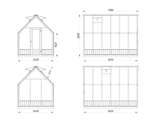 Technische Zeichnung eines Gewächshauses mit Maßangaben
