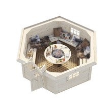 Kota de grill en bois avec table de grill, bancs et coussins pour des soirées grillades conviviales