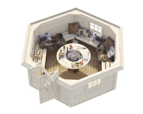 Kota de grill en bois avec table de grill, bancs et coussins pour des soirées grillades conviviales