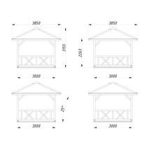 Technische Zeichnung eines Gartenpavillons mit Maßangaben
