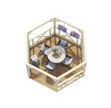 Pavillon hexagonal avec table et chaises sur une terrasse en bois