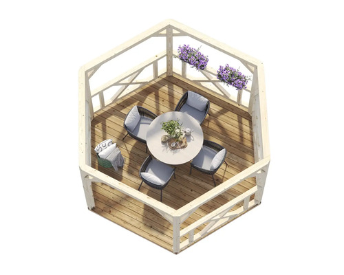 Pavillon hexagonal avec table et chaises sur une terrasse en bois