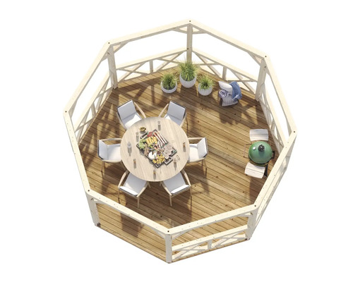 Pavillon avec table, chaises, barbecue et décoration sur une terrasse en bois