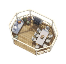 Vue de dessus d'une gloriette de jardin en bois avec des meubles de salon et un barbecue