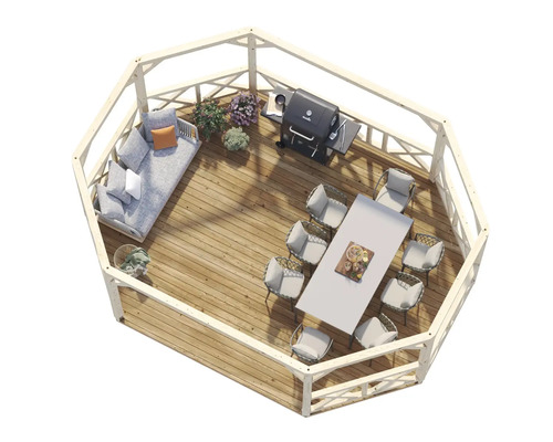 Vue de dessus d'une gloriette de jardin en bois avec des meubles de salon et un barbecue