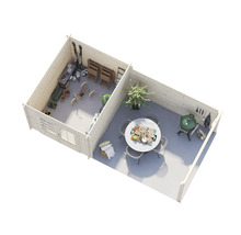 Innenansicht eines Gartenhauses mit zwei Räumen, ausgestattet mit Gartengeräten, Möbeln und Grill