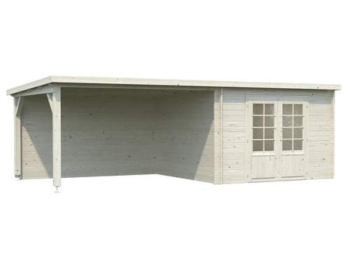 Abri de jardin en bois avec porte double et véranda couverte