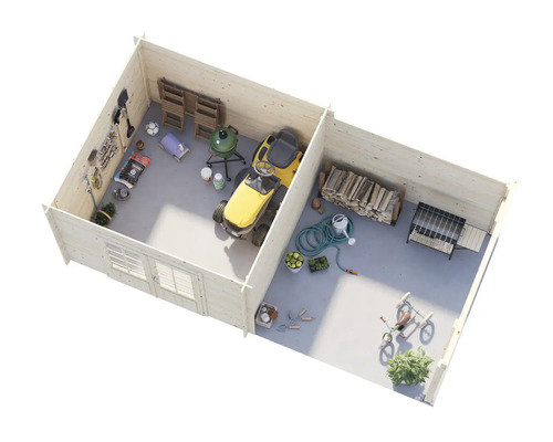 Vue intérieure d'une cabane de jardin avec outils de jardinage, tondeuse à gazon, barbecue et bois