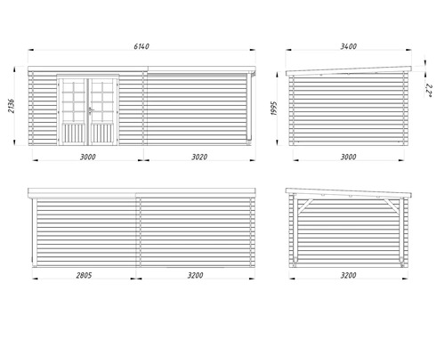 Dessin technique d'un abri de jardin avec dimensions