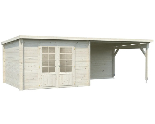 Holzgartenhaus mit Doppeltür und Anbau