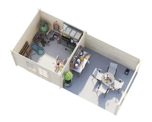 Innenansicht eines Gartenhauses mit Grill, Gartengeräten und Sitzgruppe