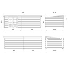 Technische Zeichnung eines Gartenhauses mit Maßangaben