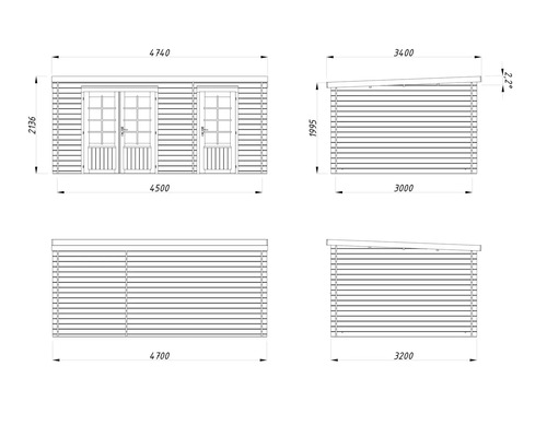 Schéma technique d'un abri de jardin avec dimensions
