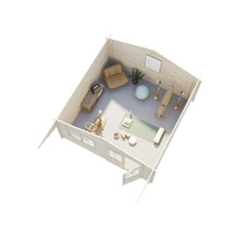 Vue de dessus : cabane de jardin aménagée en salle de sport avec équipements et sièges