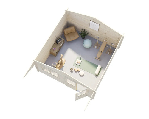 Vue de dessus : cabane de jardin aménagée en salle de sport avec équipements et sièges