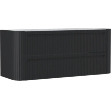 Schwarzer Waschtischunterschrank mit zwei Schubladen und vertikal geriffelter Front.