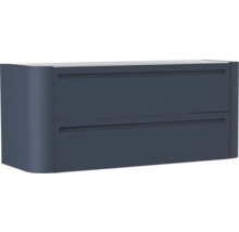 Dunkelblauer Waschbeckenunterschrank mit zwei Schubladen und abgerundeter Seite.