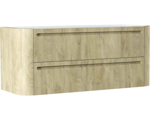 Waschtischunterschrank mit zwei Schubladen in Holzoptik mit abgerundeten Ecken und Griffmulden.