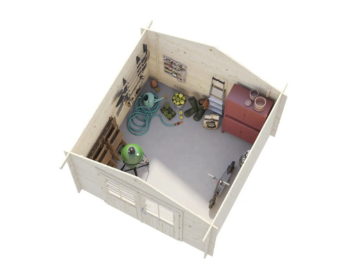 Vue intérieure d'un abri de jardin avec des outils de jardinage, un barbecue et des outils