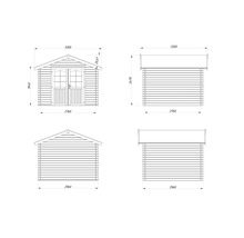 Dessin technique d'une cabane de jardin avec indications de dimensions pour la largeur, la hauteur et la profondeur