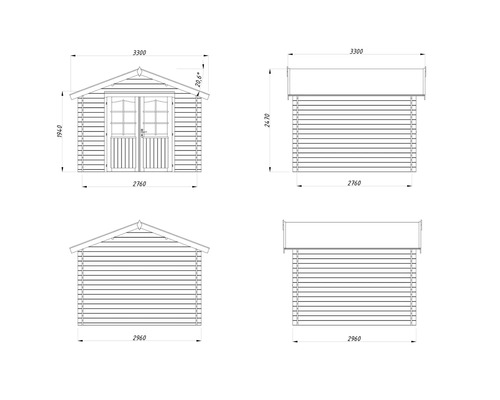 Dessin technique d'une cabane de jardin avec indications de dimensions pour la largeur, la hauteur et la profondeur