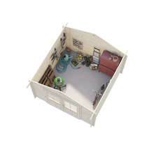 Innenansicht eines Gartenhauses mit Gartengeräten, Grill und Werkzeugen