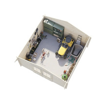 Vue intérieure d'un abri de jardin en bois avec outils de jardin, outils et systèmes de rangement.