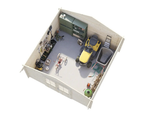 Vue intérieure d'un abri de jardin en bois avec outils de jardin, outils et systèmes de rangement.