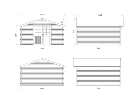 Dessin technique d'un abri de jardin avec dimensions.