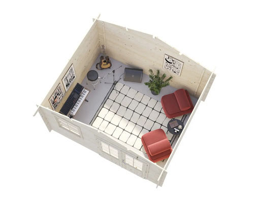 Abri de jardin en bois aménagé en studio de musique avec instruments et sièges