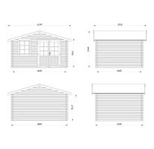Schéma technique d'un abri de jardin avec dimensions.