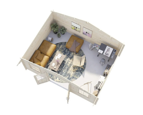 Vue intérieure d'une maison en bois avec canapé, table, tapis et espace de travail.