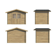 Vues d'une maison en bois avec double porte