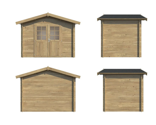 Vues d'une maison en bois avec double porte