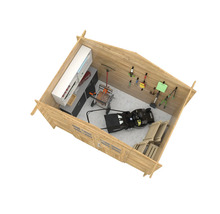 Vue intérieure d'un abri de jardin en bois avec des outils de jardinage, des étagères et une tondeuse à gazon