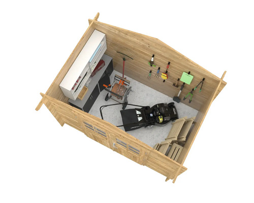 Vue intérieure d'un abri de jardin en bois avec des outils de jardinage, des étagères et une tondeuse à gazon