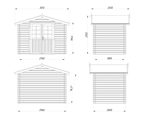 Dessin technique d'un abri de jardin avec dimensions