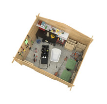 Vue intérieure d'une cabane de jardin en bois avec établi, outils et équipements de jardinage pour le stockage