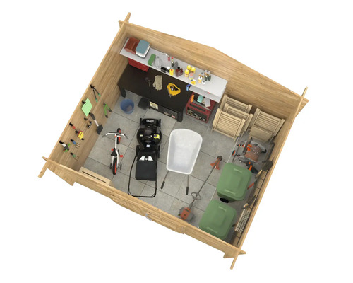 Vue intérieure d'une cabane de jardin en bois avec établi, outils et équipements de jardinage pour le stockage