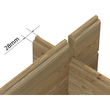 Vue détaillée d'une construction en bois avec indication de l'épaisseur de 28 mm