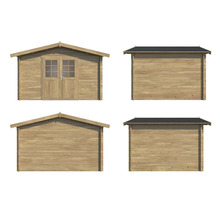 Abri de jardin en bois avec double porte et fenêtres, différentes vues