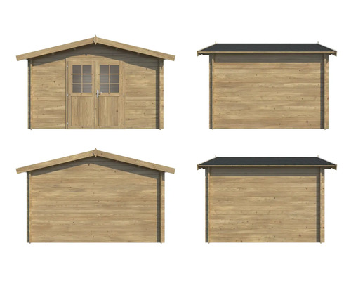 Abri de jardin en bois avec double porte et fenêtres, différentes vues
