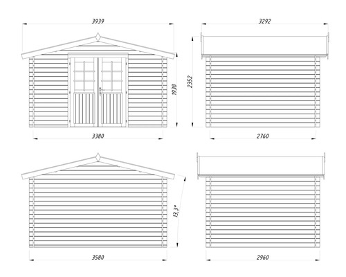 Dessin technique d'un abri de jardin avec dimensions
