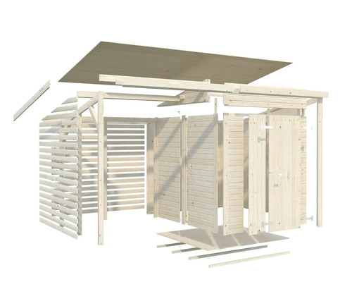 Schéma éclaté d'un abri de jardin en bois pour le montage