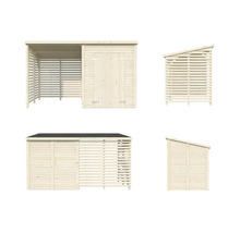 Abri de jardin en bois avec armoire à outils et stockage de bois de chauffage en différentes vues