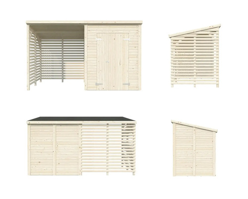 Abri de jardin en bois avec armoire à outils et stockage de bois de chauffage en différentes vues