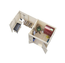 Vue de dessus d'un abri de jardin en bois avec barbecue, outils de jardin, bois et meubles de rangement.