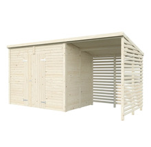 Abri de jardin en bois avec double porte et abri latéral
