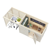 Vue de dessus d'une remise de jardin avec des outils de jardinage, des outils et des étagères